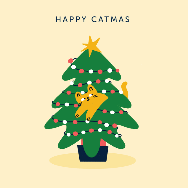 Cute Funny Christmas Card with Cat in Tree - 1