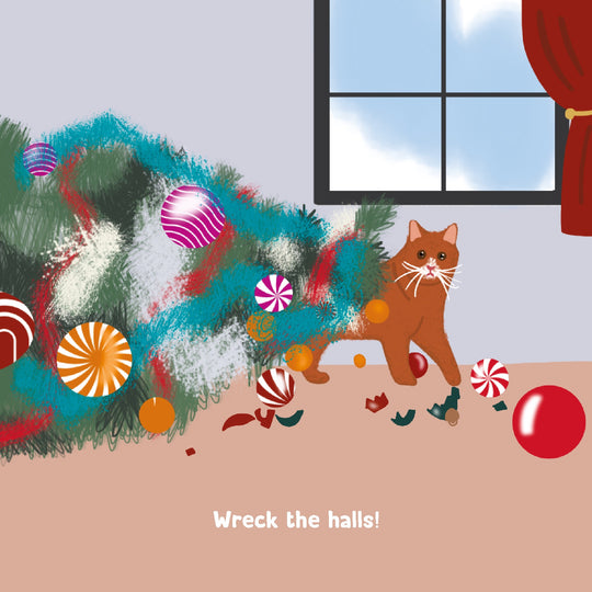 Wreck The Hall Ginger Cat Christmas Card