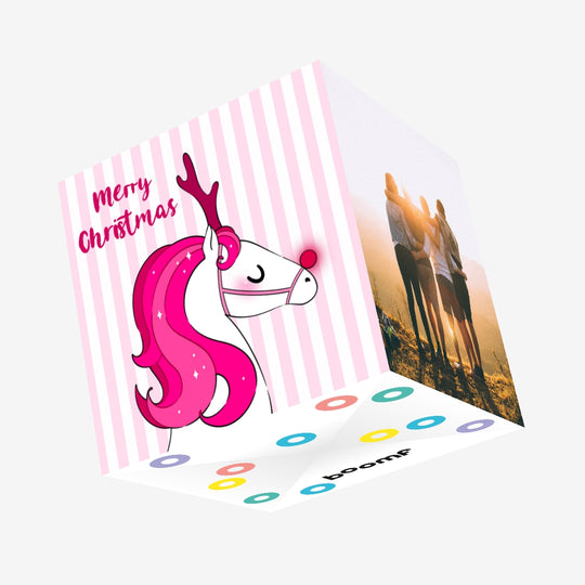 Merry Christmas White Horse With Deer Horns Confetti-exploding Greetings Card
