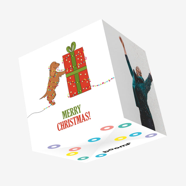 Merry Christmas Cute Little Cocker Spaniel And A Huge Gift Confetti-exploding Greetings Card