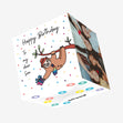 Happy Birthday Son Sloth With A Gift Hanging On A Tree Confetti-exploding Greetings Card