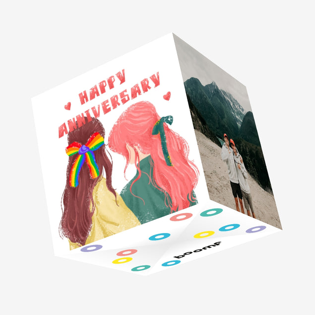 Happy Anniversary Two Girls With Rainbow Hair Bows Confetti-exploding Greetings Card