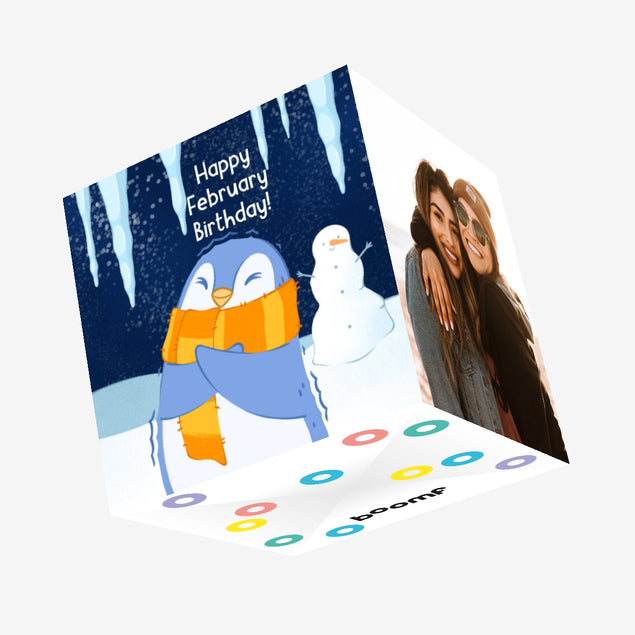 Little Penguin Happy February Birthday Confetti-exploding Greetings Card