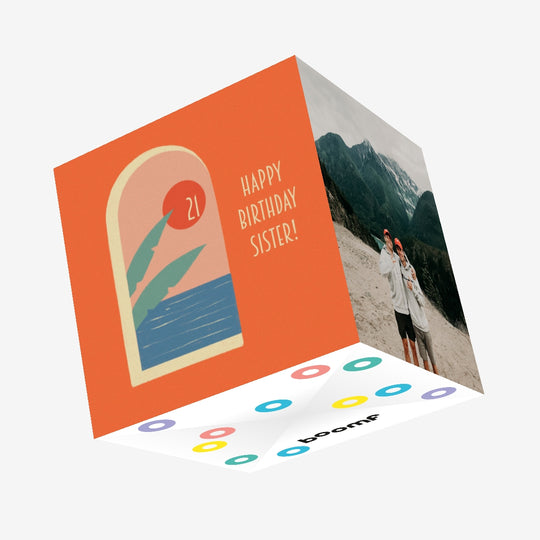 Happy 21st Birthday Sister Tropical View Confetti-exploding Greetings Card