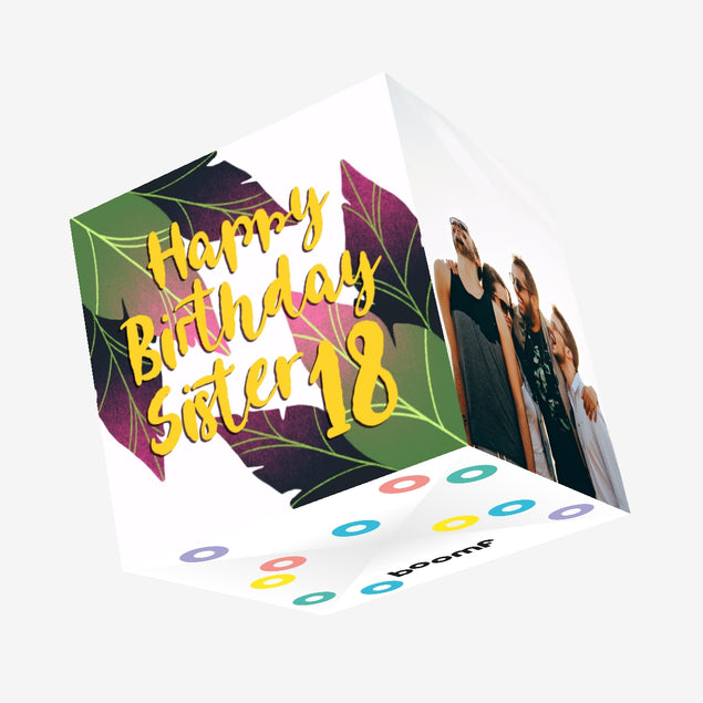 Happy 18th Birthday Sister Green And Pink Tropical Leaves Confetti-exploding Greetings Card