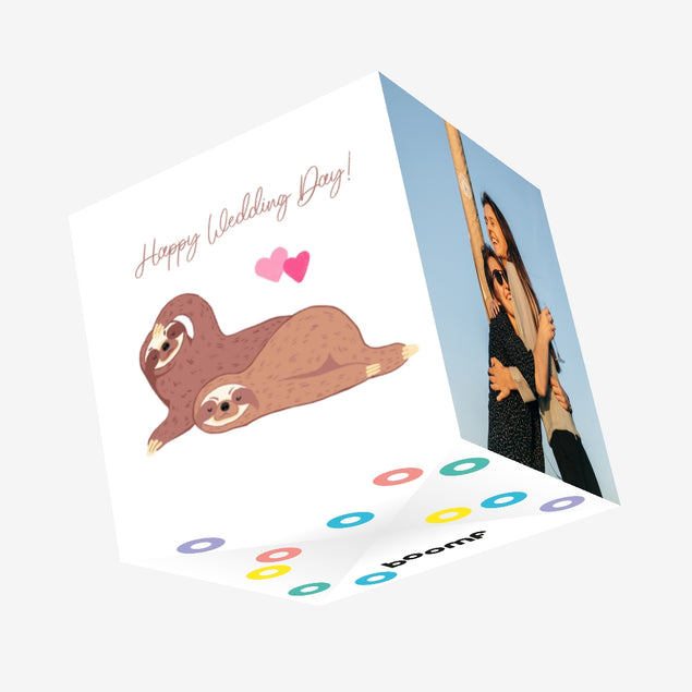 Happy Wedding Day Sloth Couple And Hearts Confetti-exploding Greetings Card