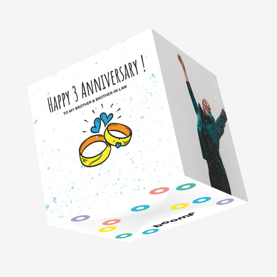 Happy 3rd Wedding Anniversary Brother And Brother-in-law Rings And Blue Hearts Confetti-exploding Greetings Card
