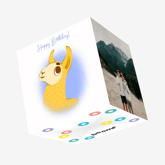 Yellow Llama On The Blue Background Happy Birthday Confetti-exploding Greetings Card