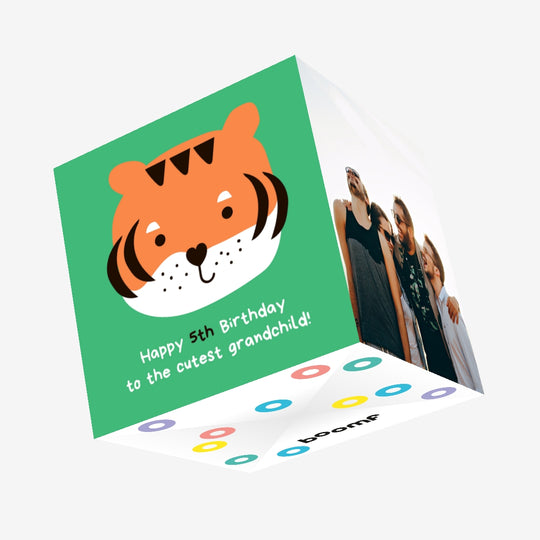 Cute Little Tiger Happy 5th Birthday Grandchild Confetti-exploding Greetings Card