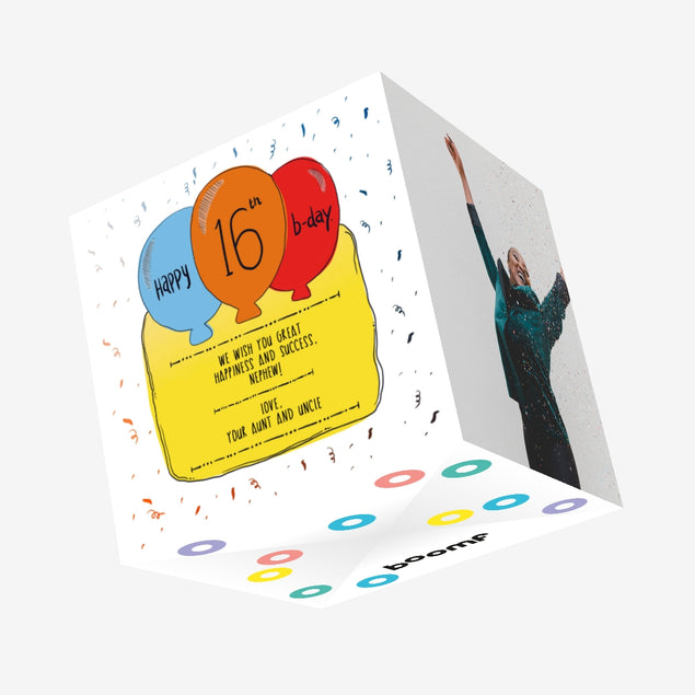 Colorful Balloons Happy 16th Birthday Nephew Confetti-exploding Greetings Card