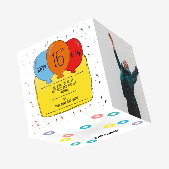 Colorful Balloons Happy 16th Birthday Nephew Confetti-exploding Greetings Card