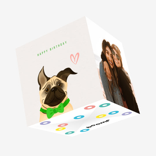 Pug In A Green Bow Happy Birthday Confetti-exploding Greetings Card