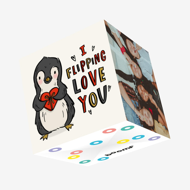I Flipping Love You Cute Penguin And A Gift Valentine's Day Confetti-exploding Greetings Card
