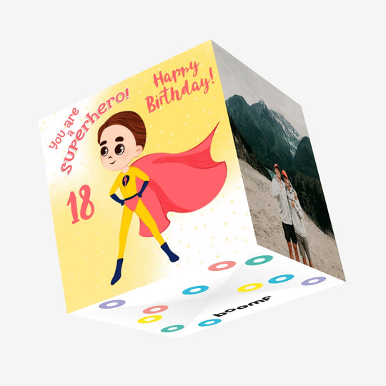 Yellow Background Superhero Happy 18th Birthday Confetti-exploding Greetings Card
