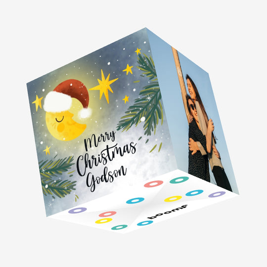 Merry Christmas Godson Smiling Crescent Confetti-exploding Greetings Card