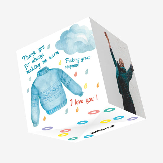Happy Birthday Stepmum Blue Sweater Confetti-exploding Greetings Card