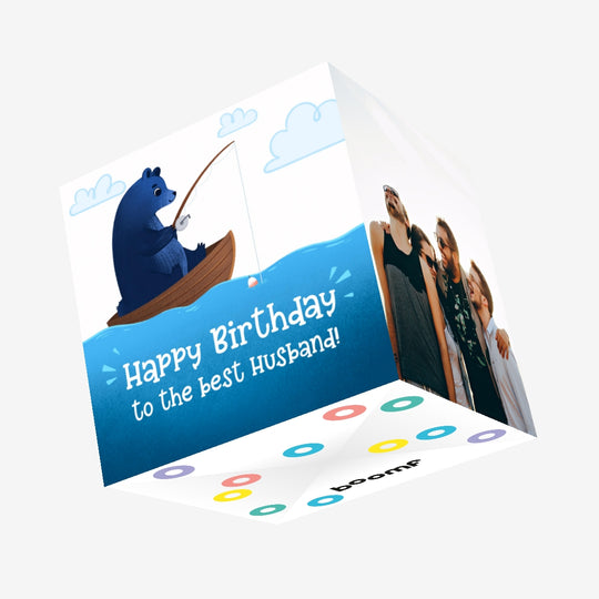 Blue Bear Fishing Happy Birthday Husband Confetti-exploding Greetings Card