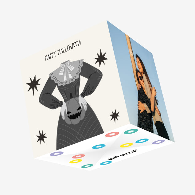 Happy Halloween Headless Lady Holding A Pumpkin Black And White Confetti-exploding Greetings Card