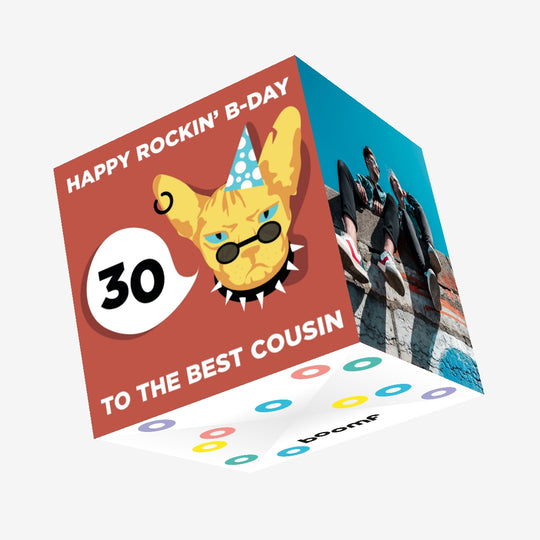 Rockin' Cat Happy 30th Birthday Cousin Confetti-exploding Greetings Card