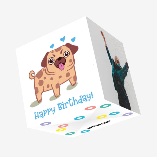 Blue Cute Pug Happy Birthday Confetti-exploding Greetings Card