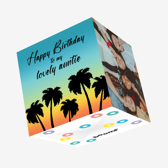 Happy Birthday Lovely Auntie Sunset And Palm Trees Confetti-exploding Greetings Card