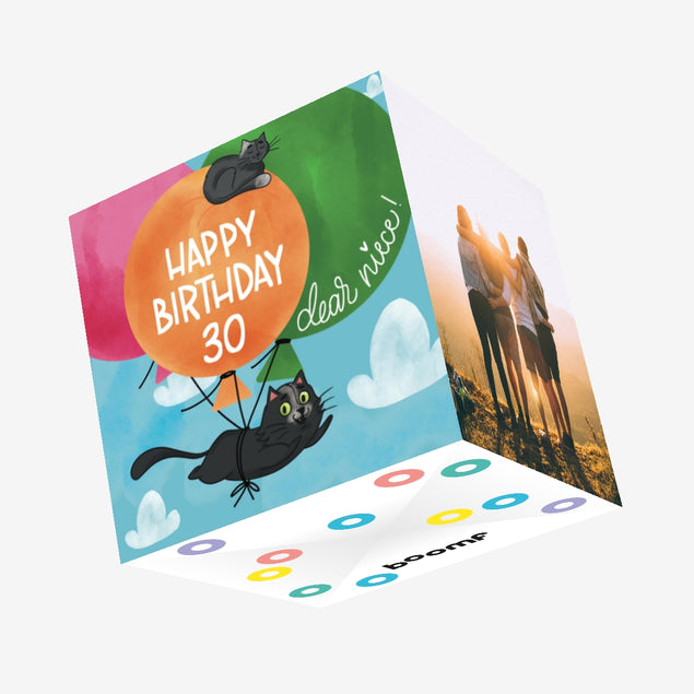 Flying Black Cat Happy 30th Birthday Niece Confetti-exploding Greetings Card