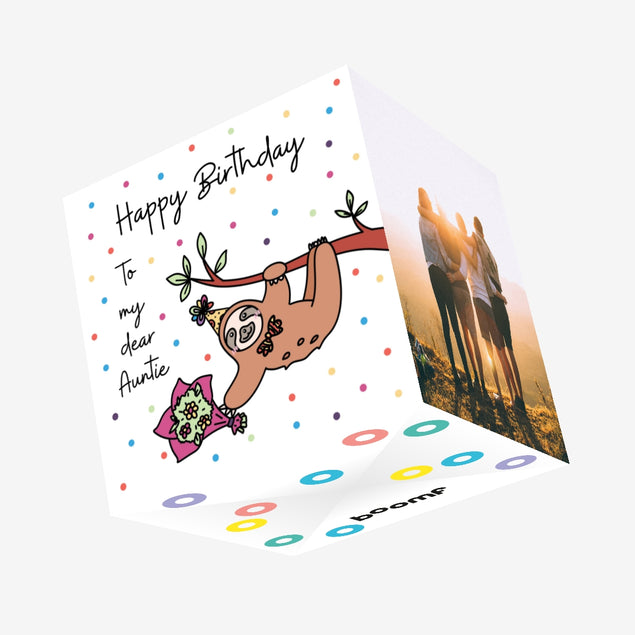 Happy Birthday Auntie Sloth With A Flower Bouquet Hanging On A Tree Confetti-exploding Greetings Card