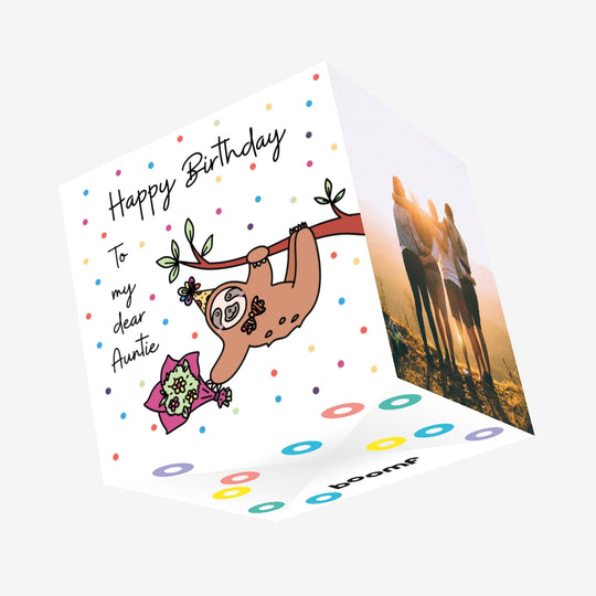 Happy Birthday Auntie Sloth With A Flower Bouquet Hanging On A Tree Confetti-exploding Greetings Card