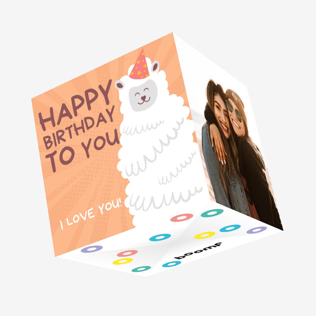 Cute Smiling Alpaca Happy Birthday Confetti-exploding Greetings Card