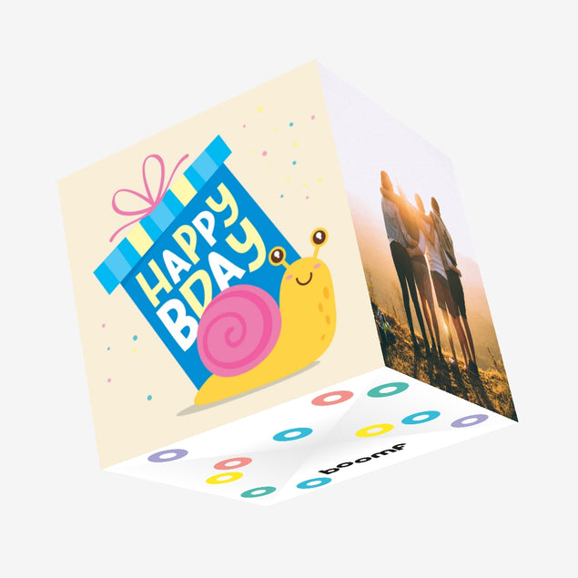 Sorry I Am Late Happy Birthday Cute Snail With A Gift Confetti-exploding Greetings Card