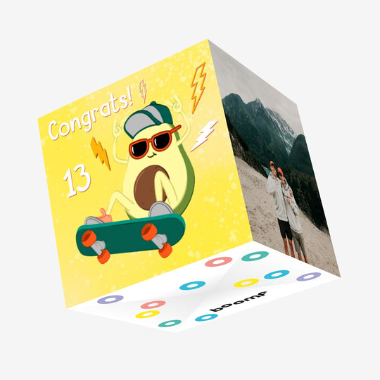 Cool Avocado Skater Happy 13th Birthday Confetti-exploding Greetings Card