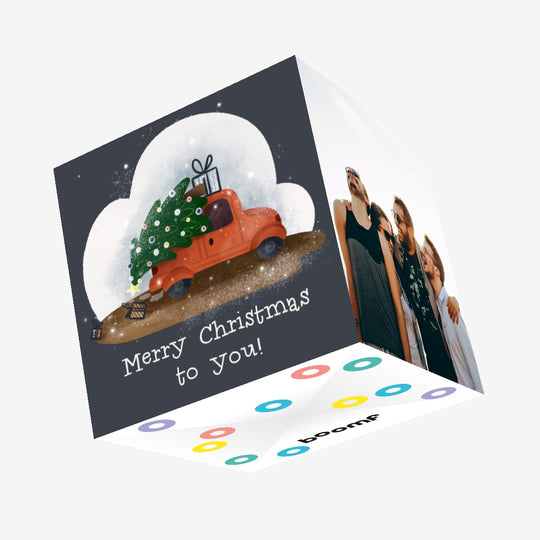 Grey Background Car With Tree Merry Christmas Confetti-exploding Greetings Card