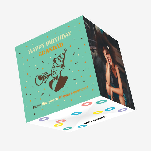 Happy Birthday Grandad Retro Party Green Confetti-exploding Greetings Card