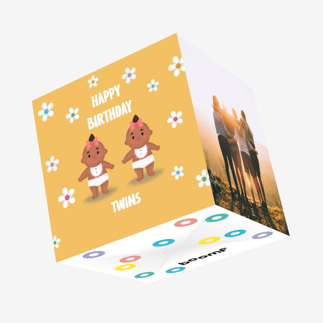 Flowers Girls In Yellow Happy Birthday Twins Confetti-exploding Greetings Card