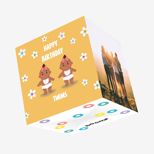 Flowers Girls In Yellow Happy Birthday Twins Confetti-exploding Greetings Card
