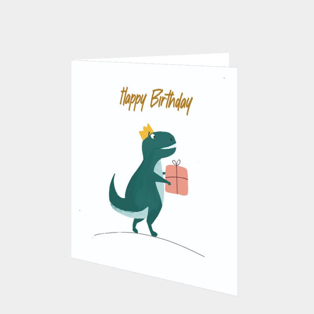 Happy Birthday Dinosaur Holding A Gift In His Hands Card – Boomf