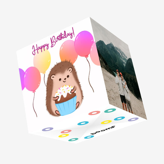 Hedgehog With Cake And Pink Balloons Happy Birthday Confetti-exploding Greetings Card