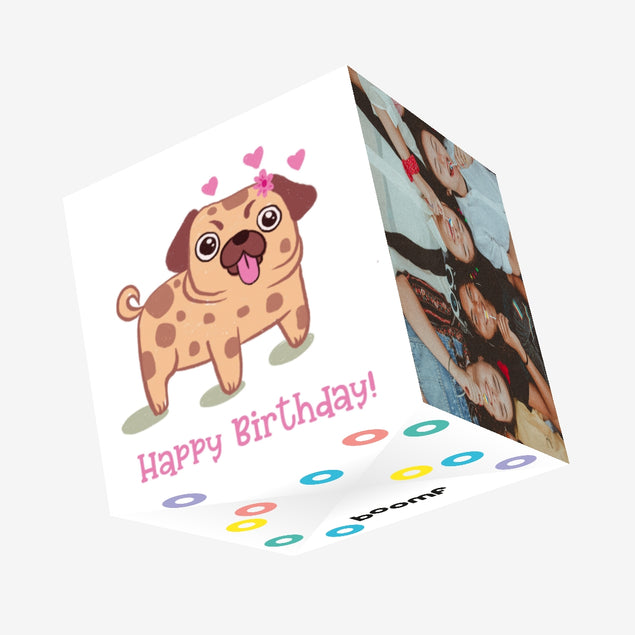 Pink Cute Pug Happy Birthday Confetti-exploding Greetings Card