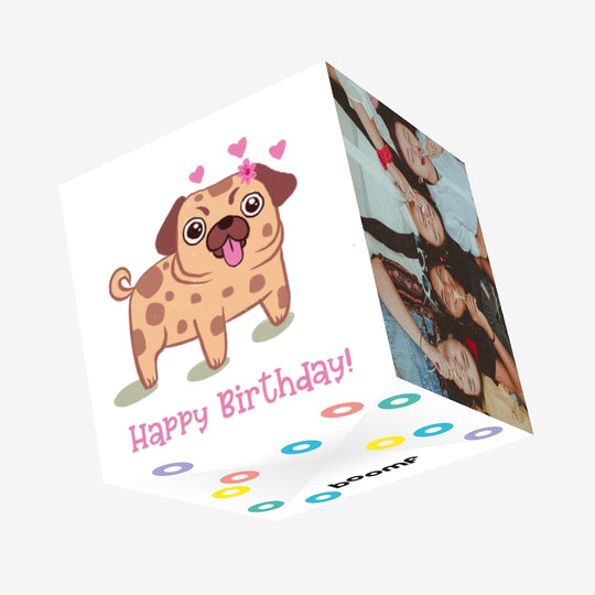 Pink Cute Pug Happy Birthday Confetti-exploding Greetings Card