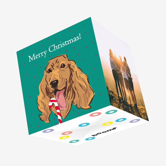 Merry Christmas Cocker Spaniel Licking Candy Cane Confetti-exploding Greetings Card
