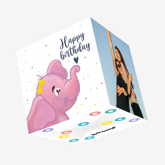 Cute Pink Elephant Happy Birthday Confetti-exploding Greetings Card