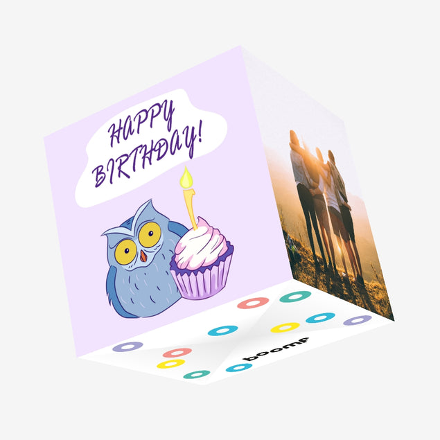 Happy Birthday Owl In Purple Confetti-exploding Greetings Card