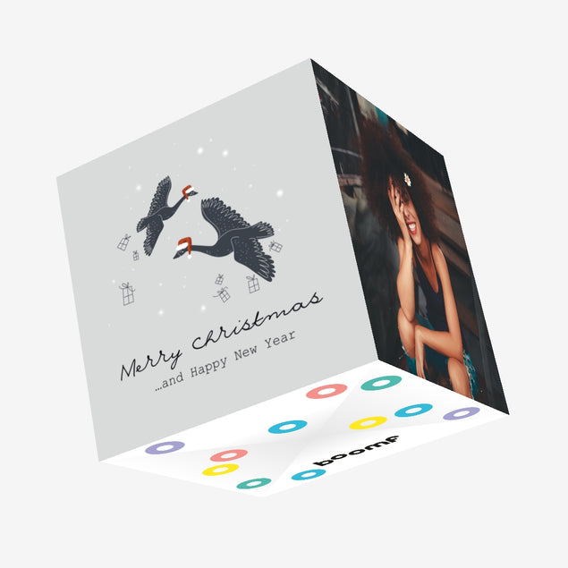 Merry Christmas And Happy New Year Flying Black Swans Confetti-exploding Greetings Card