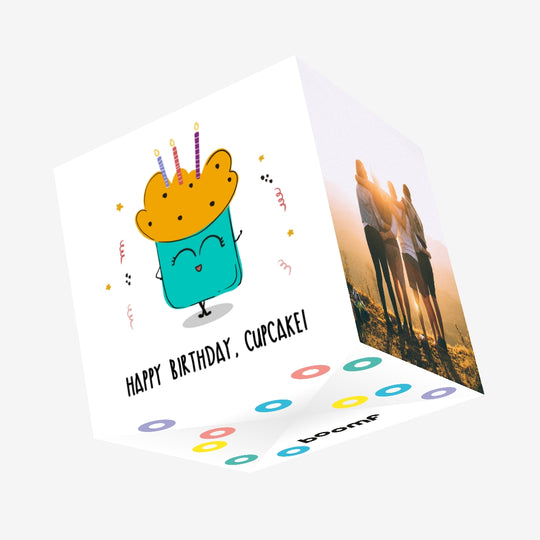 Happy Birthday Cute Cupcake In Blue Confetti-exploding Greetings Card