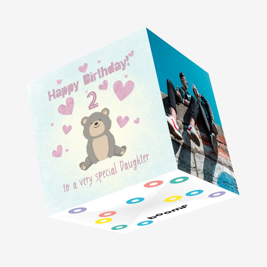 Cute Teddy Bear Happy 2nd Birthday Daughter Confetti-exploding Greetings Card