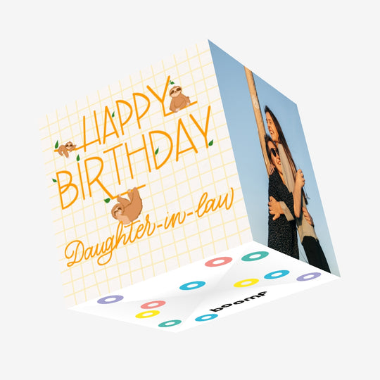 Happy Birthday Daughter-in-law Sloths Hanging On Letters Confetti-exploding Greetings Card