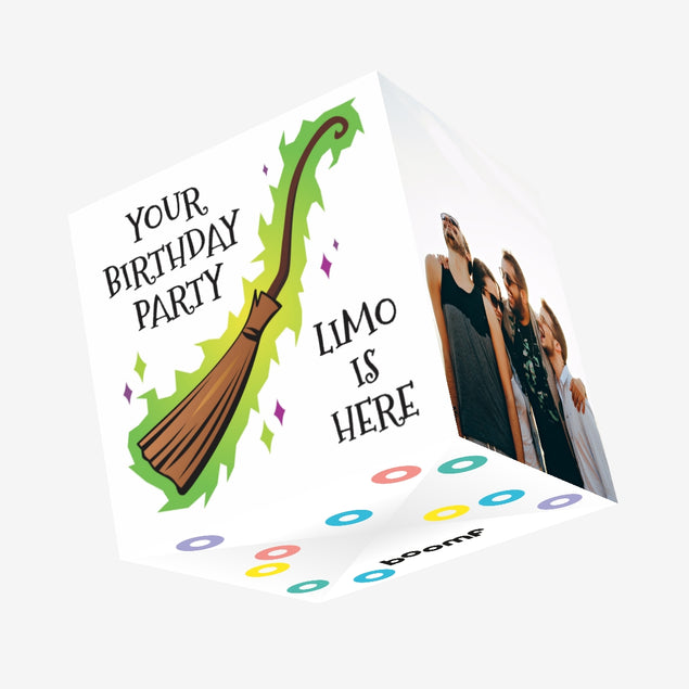 Broom Birthday Party Limo Confetti-exploding Greetings Card