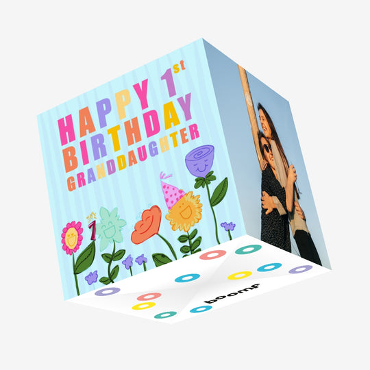 Happy 1st Birthday Granddaughter Smiling Flowers Confetti-exploding Greetings Card