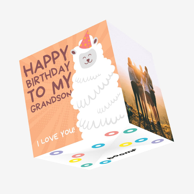 Cute Smiling Alpaca Happy Birthday Grandson Confetti-exploding Greetings Card
