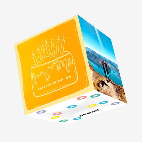 Yellow Cake Happy 50th Birthday Son Confetti-exploding Greetings Card